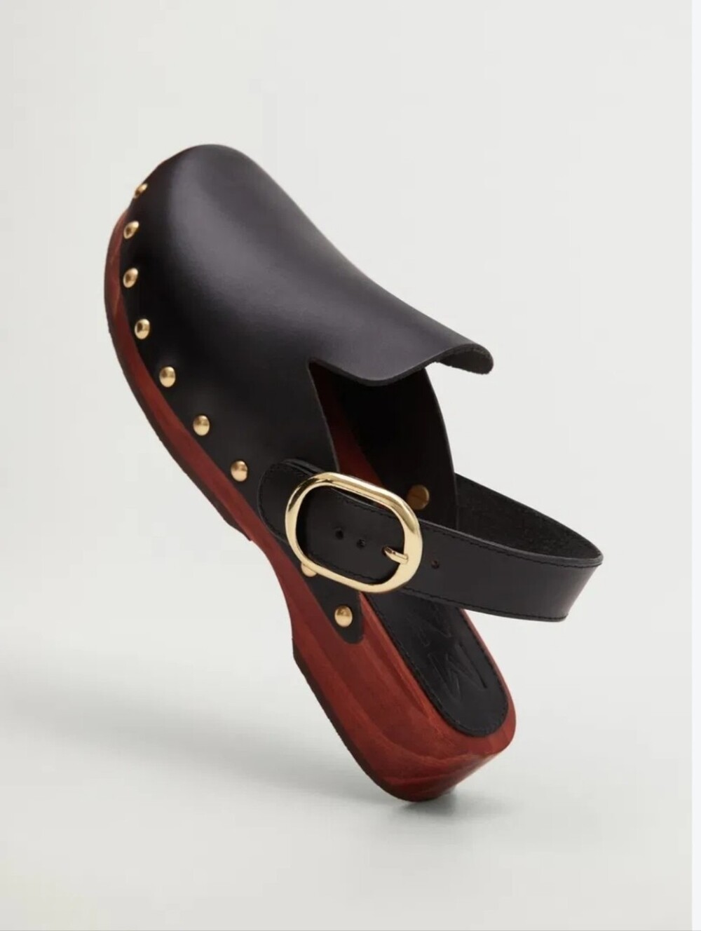 Mango Black Leather Clog with Gold Buckle and Studs Size 39